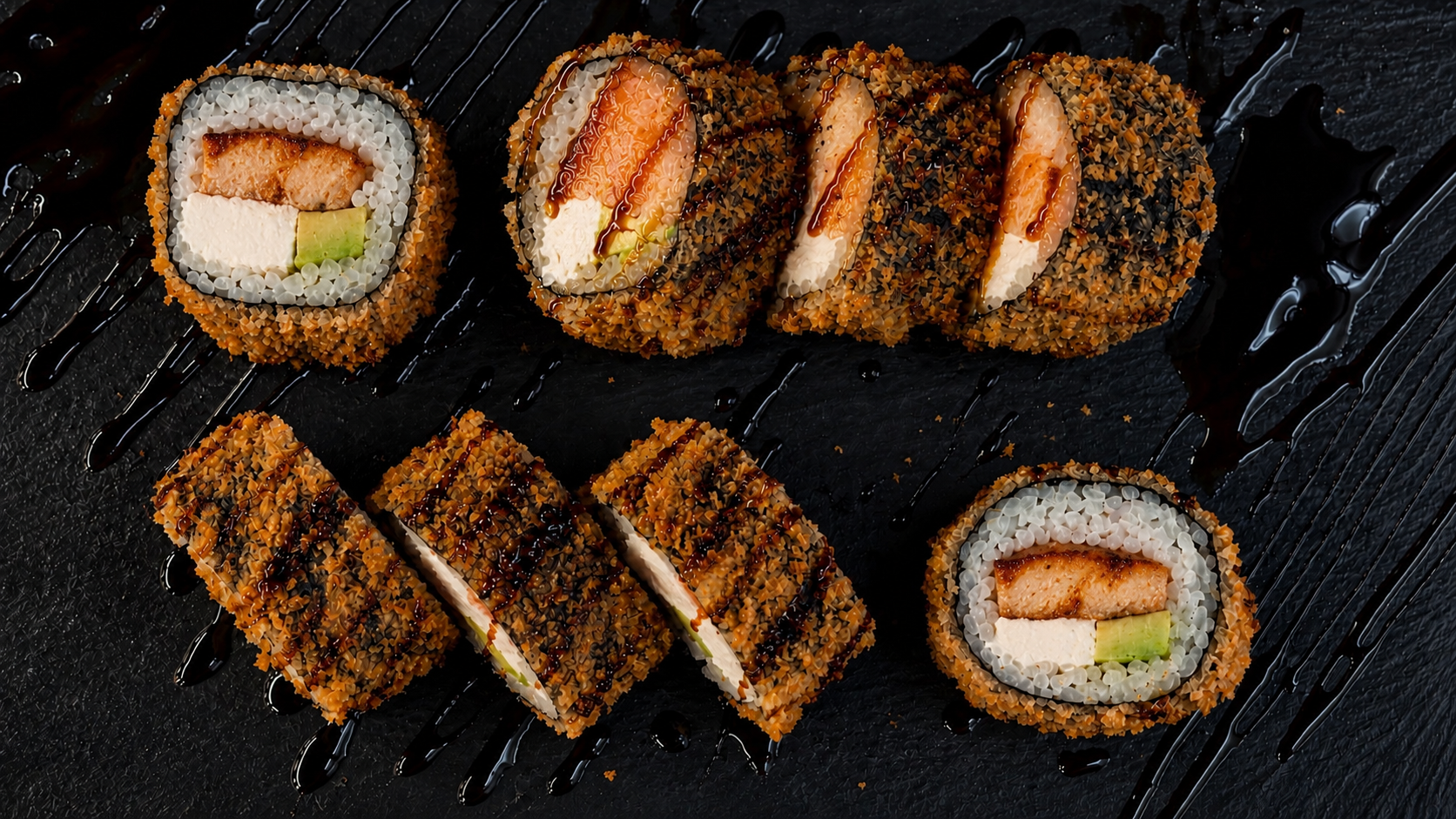 112-SALMON TERIYAKI TEMPURA MAKI (16 gab.)